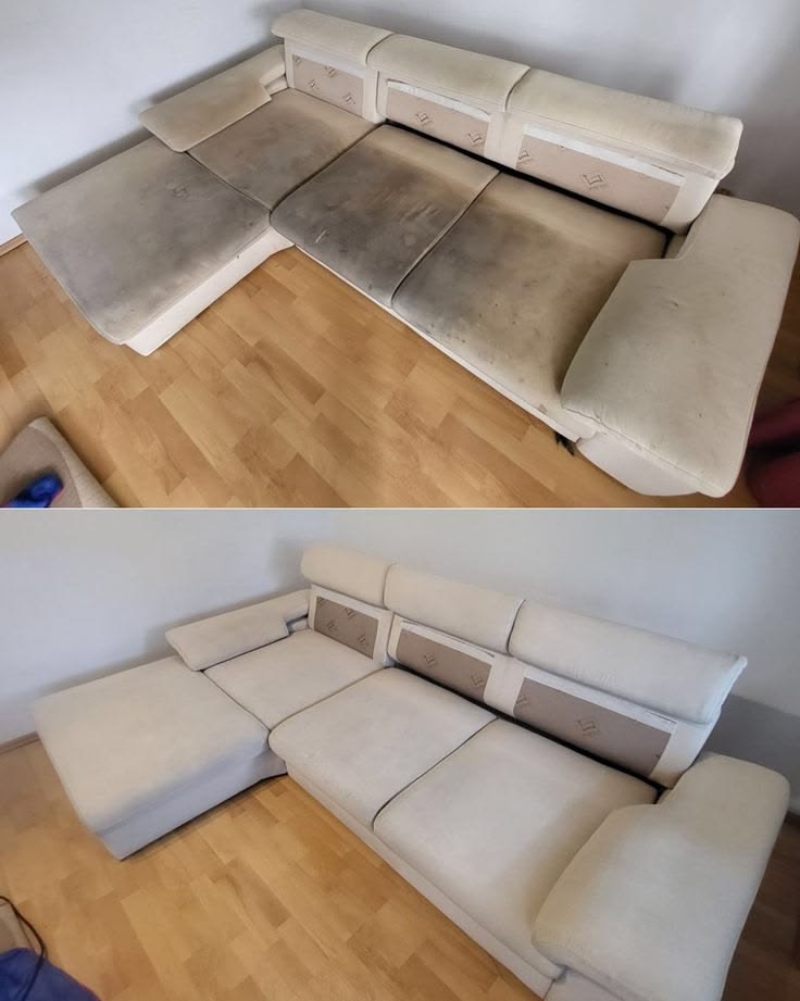 Antes e depois — sofá de canto higienizado pela Clean 027
