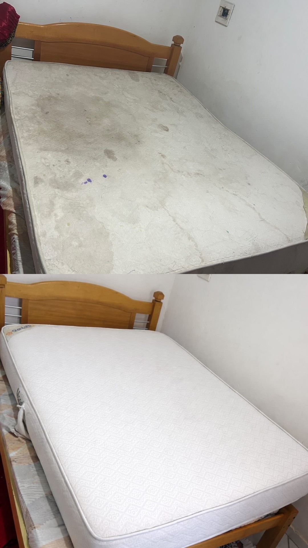 Antes e depois — colchão higienizado pela Clean 027
