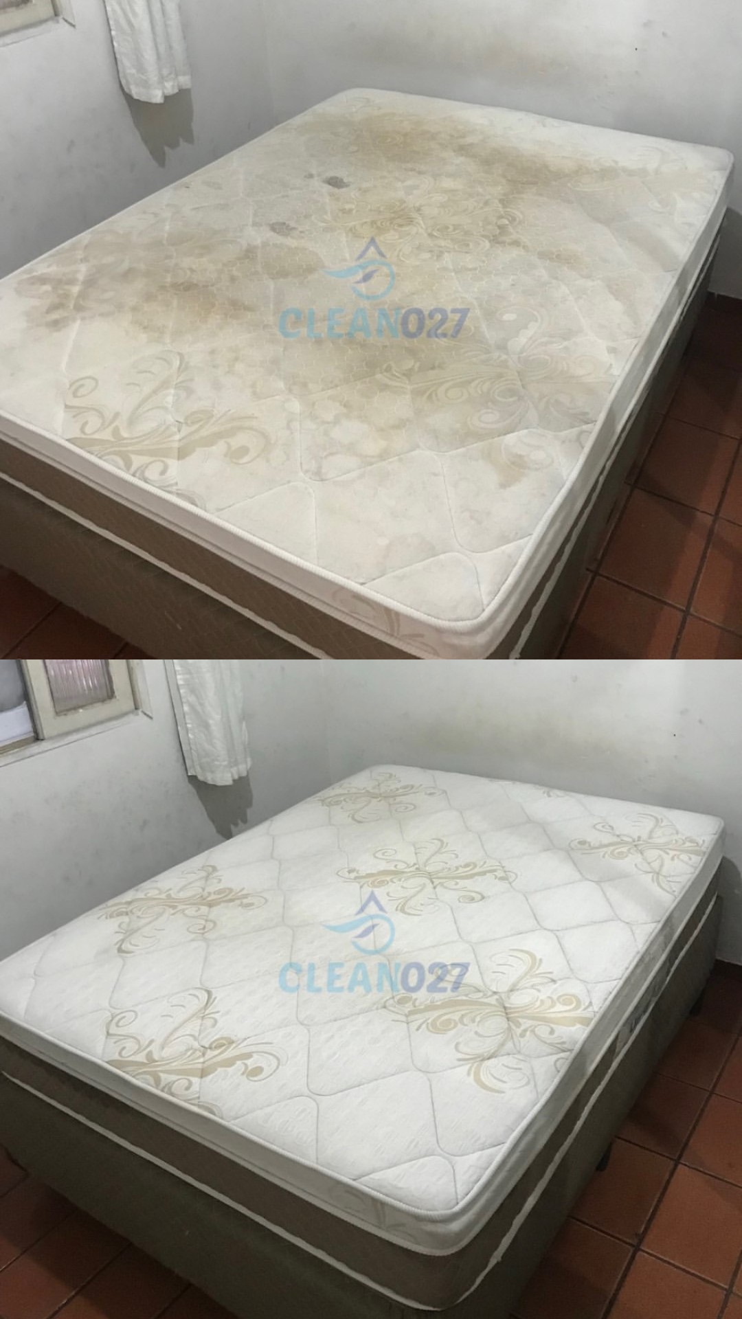Antes e depois — colchão de casal higienizado pela Clean 027