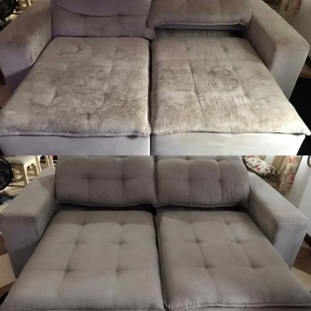 Antes e depois — sofá higienizado pela Clean 027
