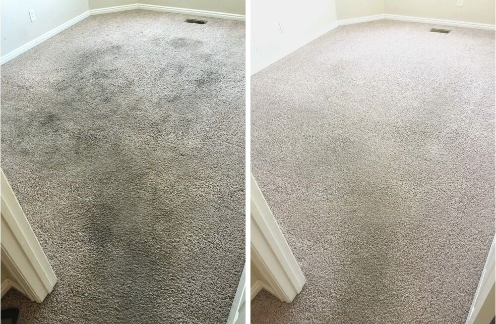 Antes e depois — carpete higienizado pela Clean 027