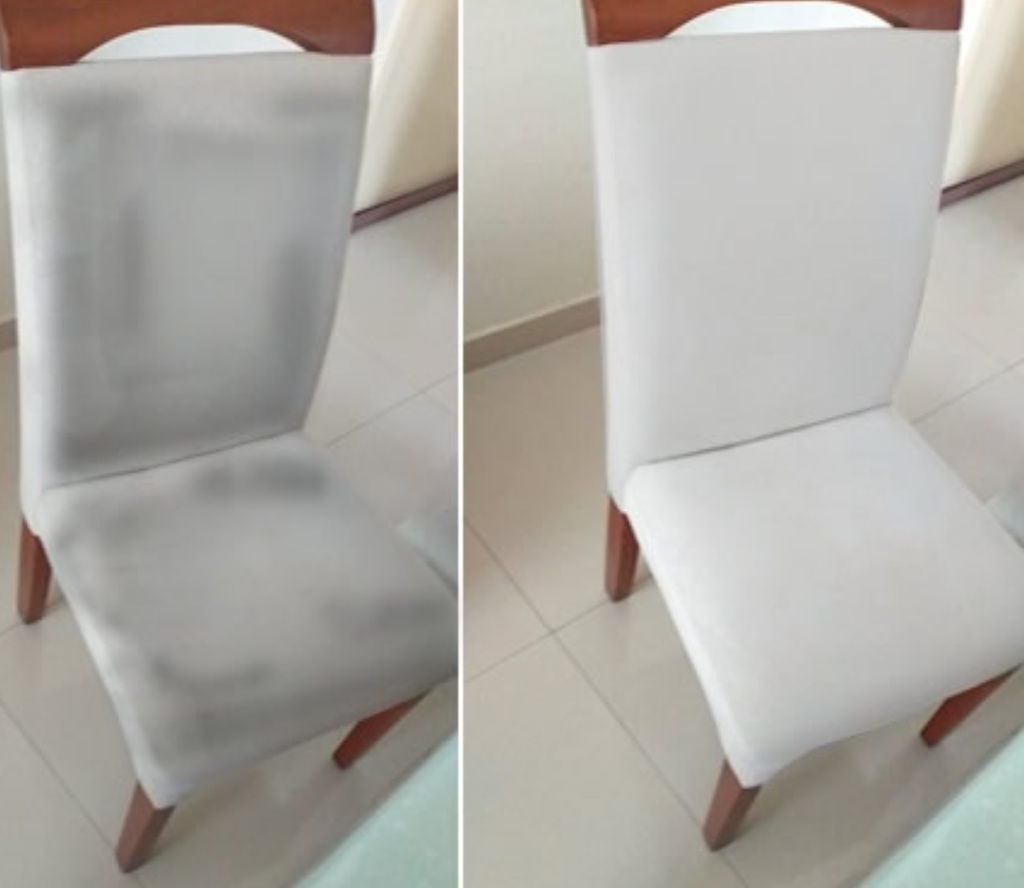 Antes e depois — cadeira higienizada pela Clean 027