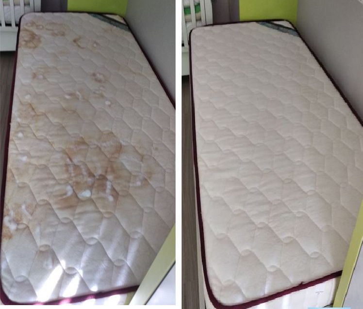 Antes e depois — colchão de solteiro higienizado pela Clean 027